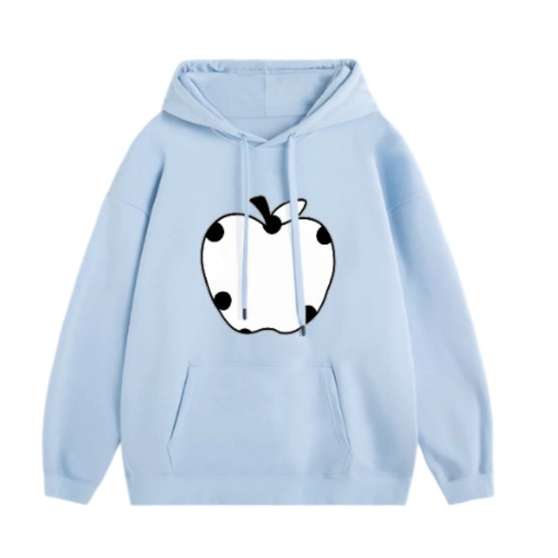 Blue Black-Dot Apple Print Hoodie