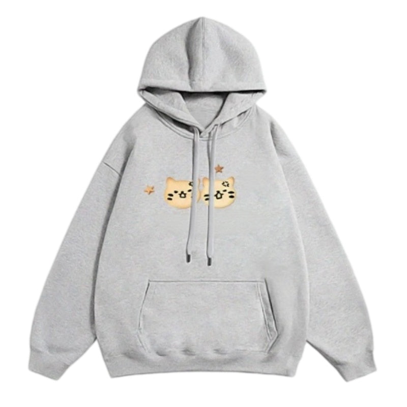 Gray Minimalist Cat Print Hoodie