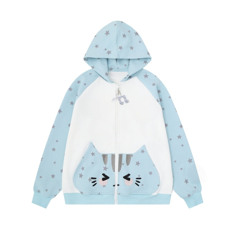 Blue All-Over Star Cat Print Hoodie